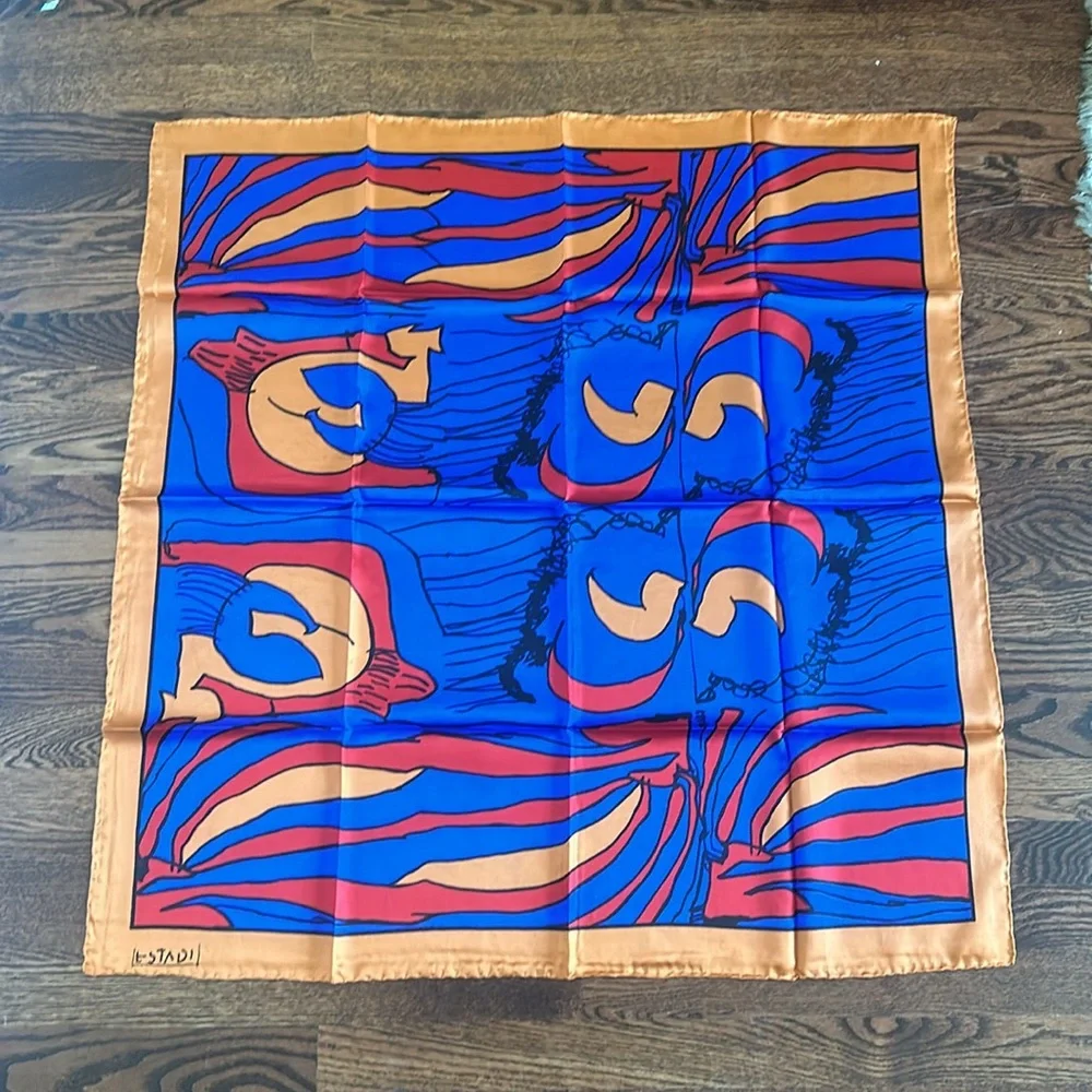 Estadi 100% Silk Twill Orange Red Blue Abstract Print Scarf Hand Rolled Hem NEW